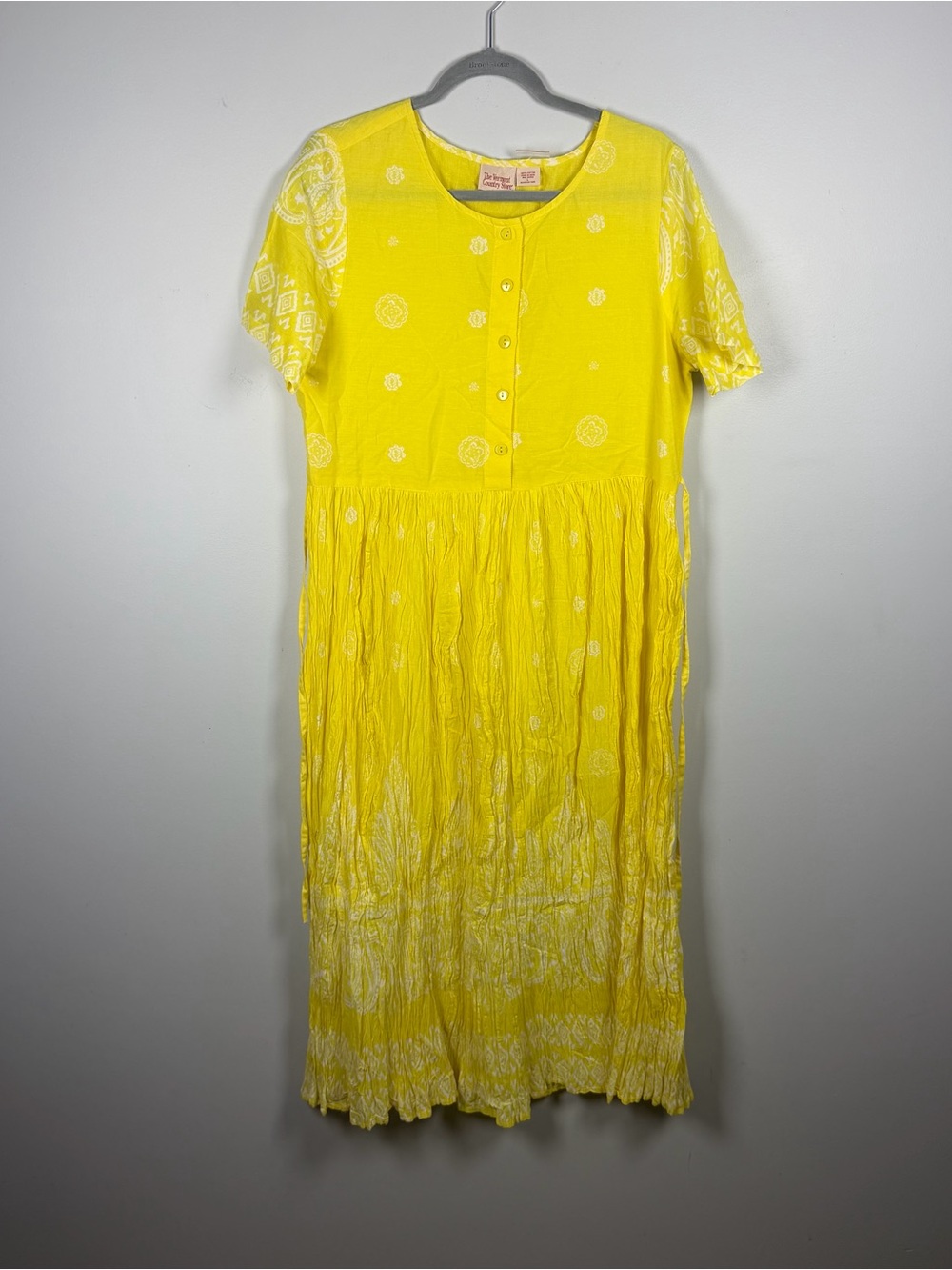 Vermont Country Store Yellow Boho Tribal Print Crinkle Maxi Cotton Dress Large